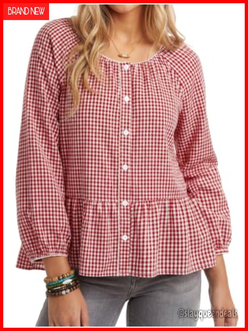 Women's Cotton Gingham Peplum Blouse Button Down Long Sleeve